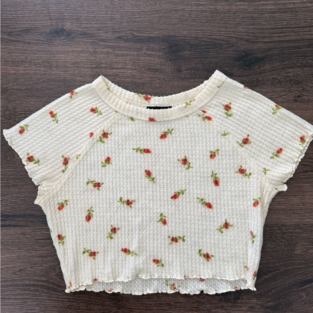 Urban Outfitters Cream Floral Waffle Knit Crop Top